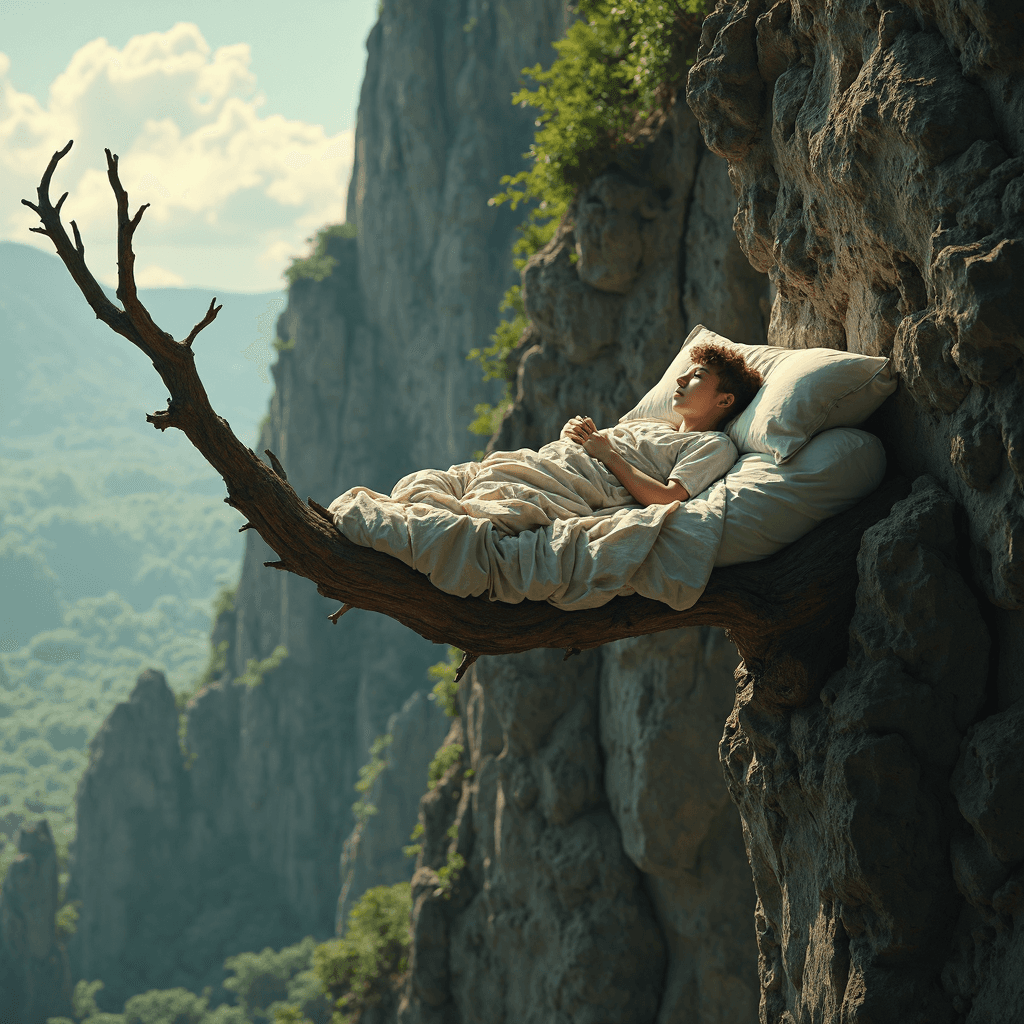 AI generated: acrophobic composition, photo at an extreme angle from the center of a steep cliff a branch sticks o...