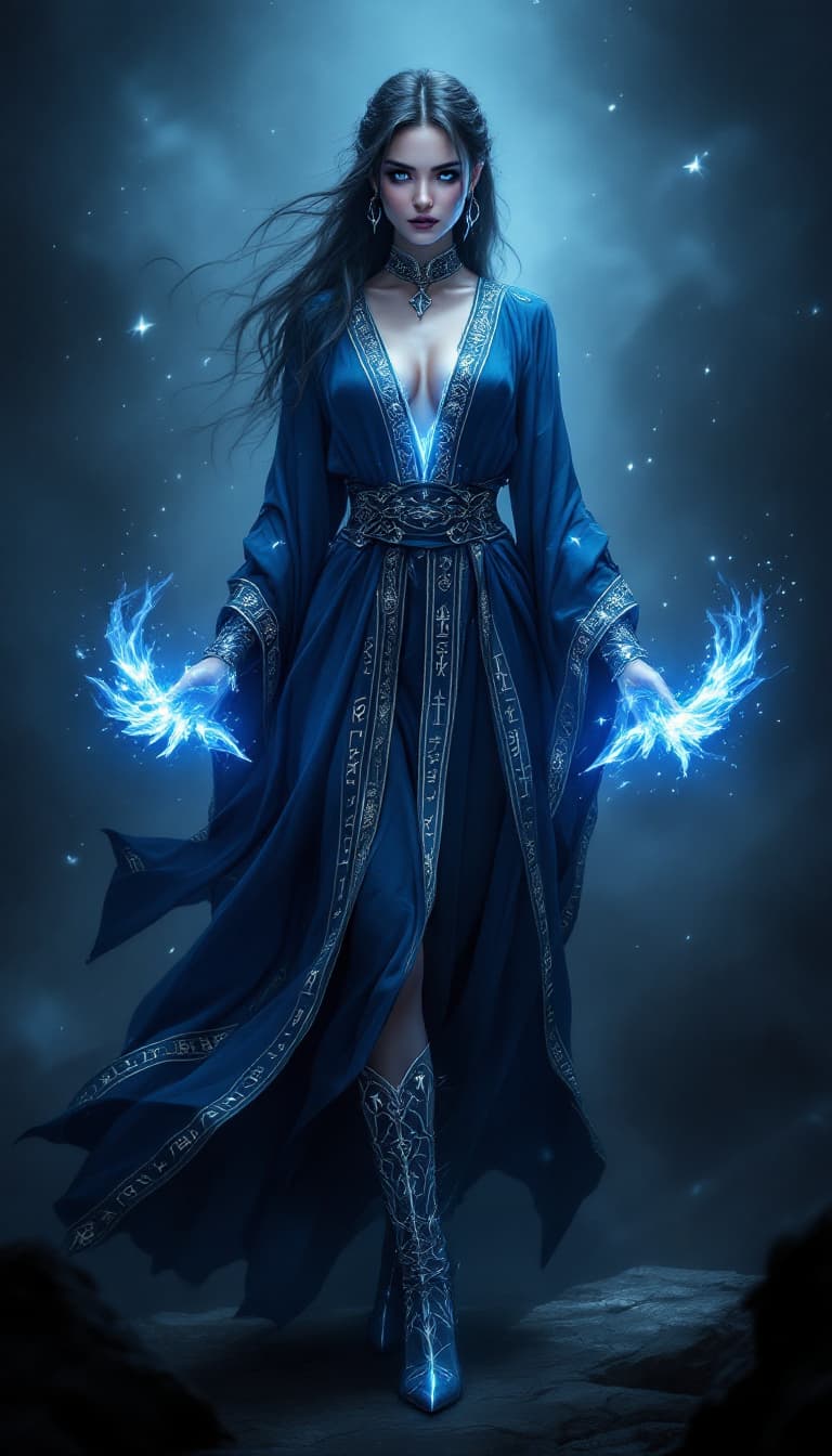 AI generated: A full body photo shot of an elegant and formidable image of a (rune weaver) wearing flowing, deep-b...