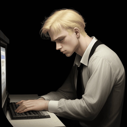 AI generated: masterpiece, best quality,a sad man with blonde hair clicking on a computer link, black background