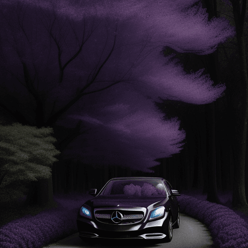 AI generated: "Envision a captivating scene where a black Mercedes is parked near a stretch of dark purple trees l...
