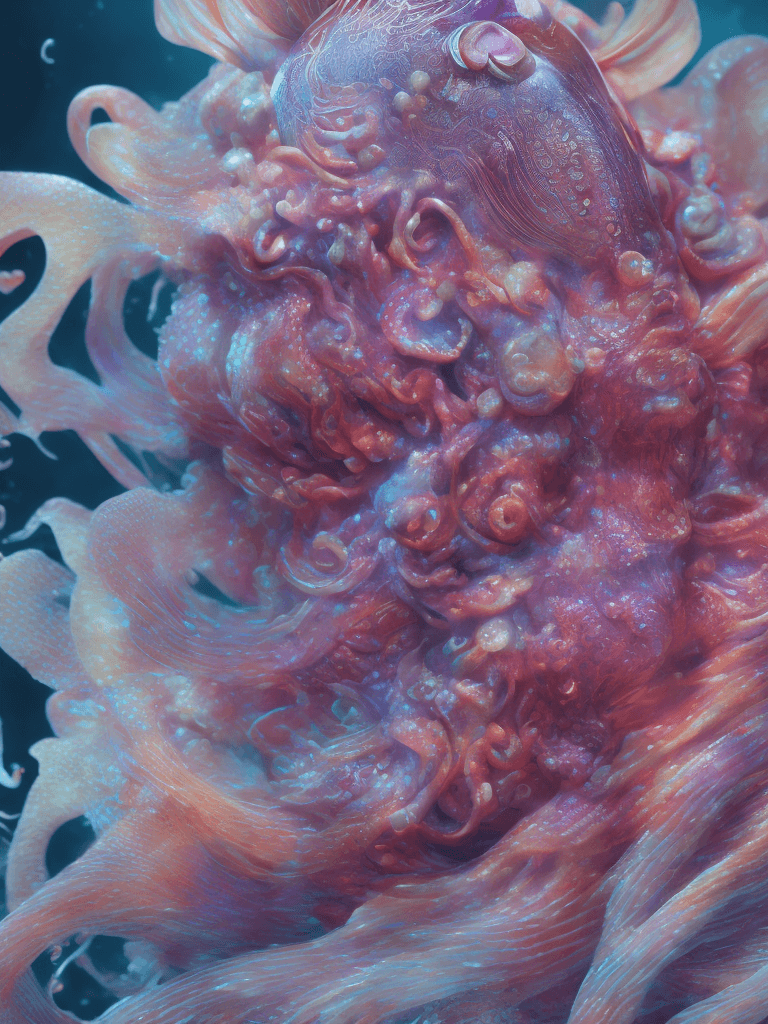AI generated: Goddess close-up portrait ribcagel. jellyfish phoenix head, nautilus, orchid, skull, betta fish, bio...
