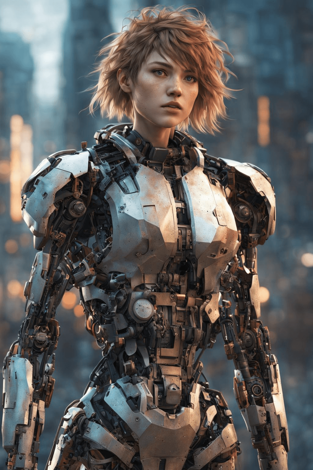 AI generated: full body, a beautiful cyborg girl with dirty and damaged body, rusty metal arms, rusty brown body, ...