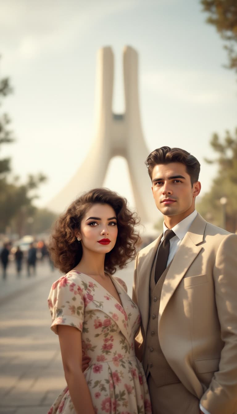 AI generated: The young couple from the 1950s stands in the heart of Tehran, with the iconic Azadi Square (formerl...