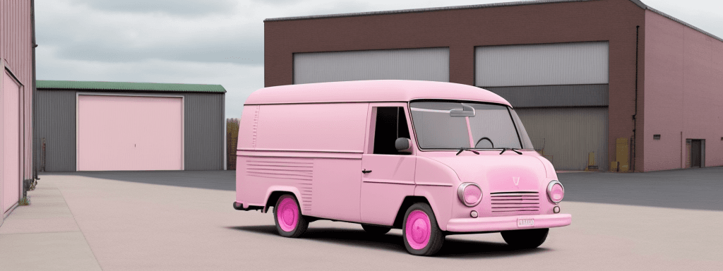AI generated:  Draw a warehouse in the background that will contrast with a pink colour, draw an old model walkswa...