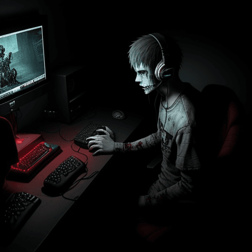 AI generated: lone gamer alone playing horror games in his gaming computer. must have creepy aesthetics.