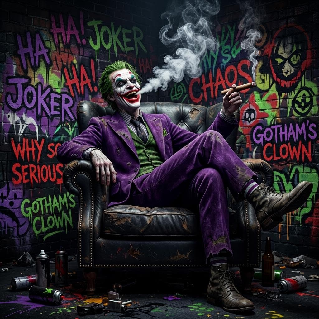 AI generated: a full body front pov 3d illustration of the joker lounging comfortably in a leather chair smoking o...