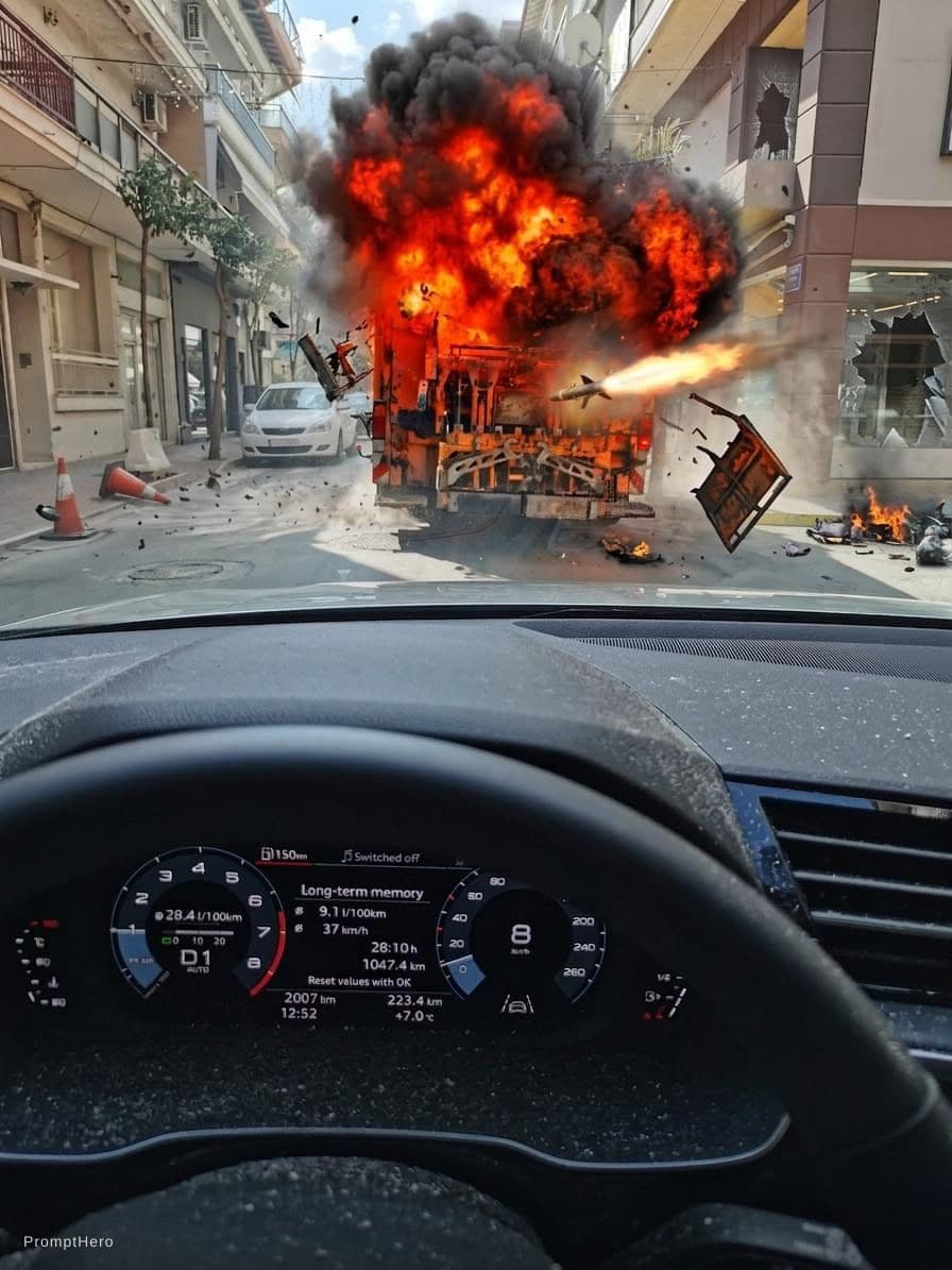 AI generated: a BAZOOKA fires a missile to the truck and explodes