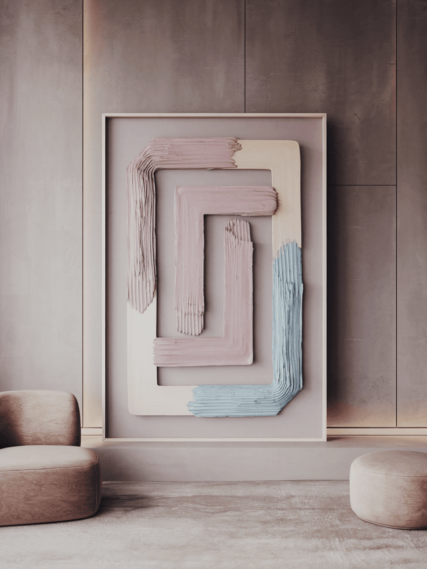 AI generated: flat geometric composition in pale mauve, sand beige and misty blue, thick oil texture with subtle i...