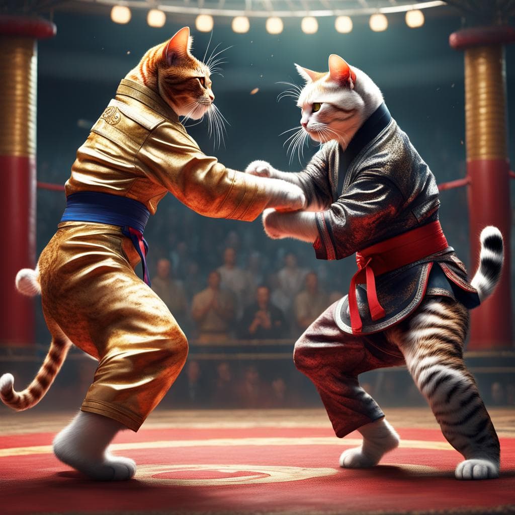 AI generated: In a world where cats have mastered the art of martial combat, describe the epic showdown between tw...