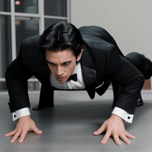 AI generated: A bodybuilder wearing tuxedo doing push ups 