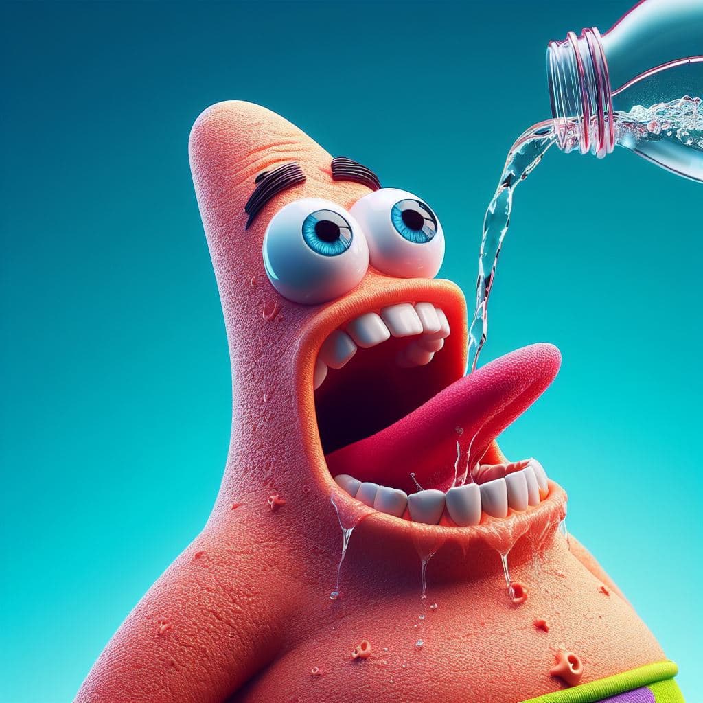 AI generated: Patrick Star with extreme thirst, humor, close-up, realism