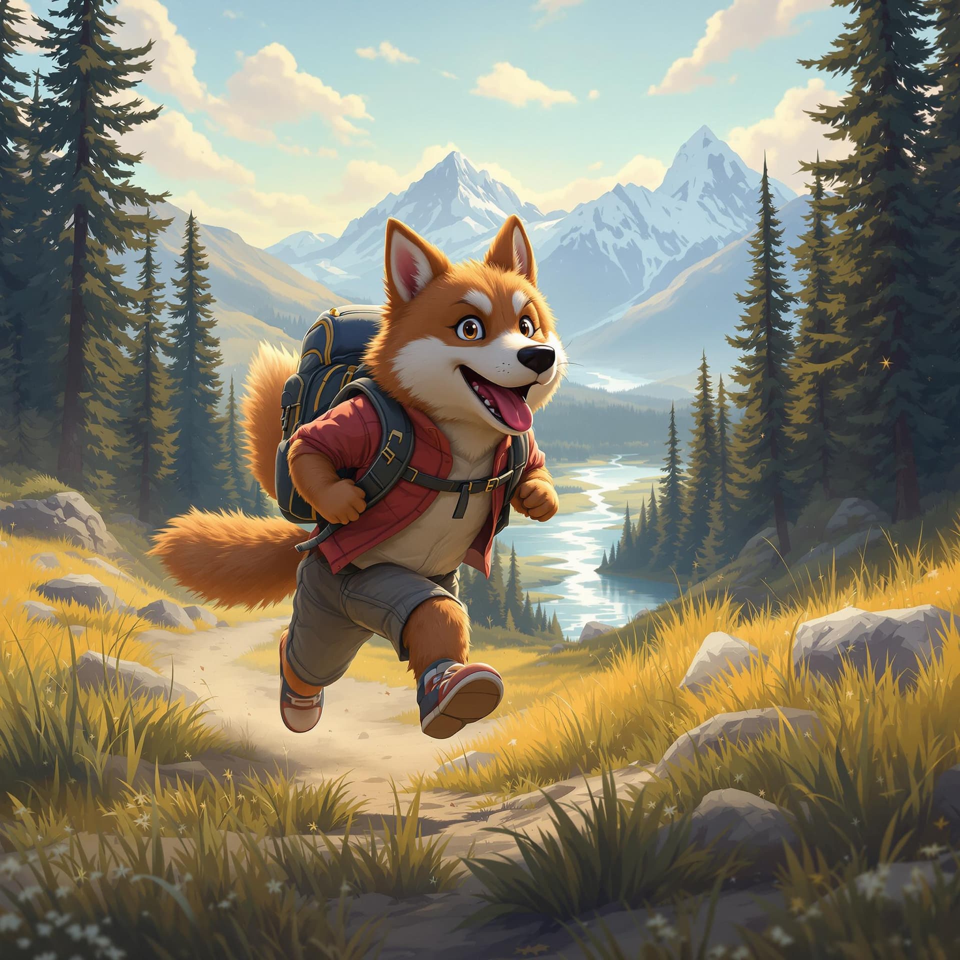 AI generated: hyper realistic, anime, anthropomorphic male dog, running, speed, fast, backpack, travel, trip, rush...