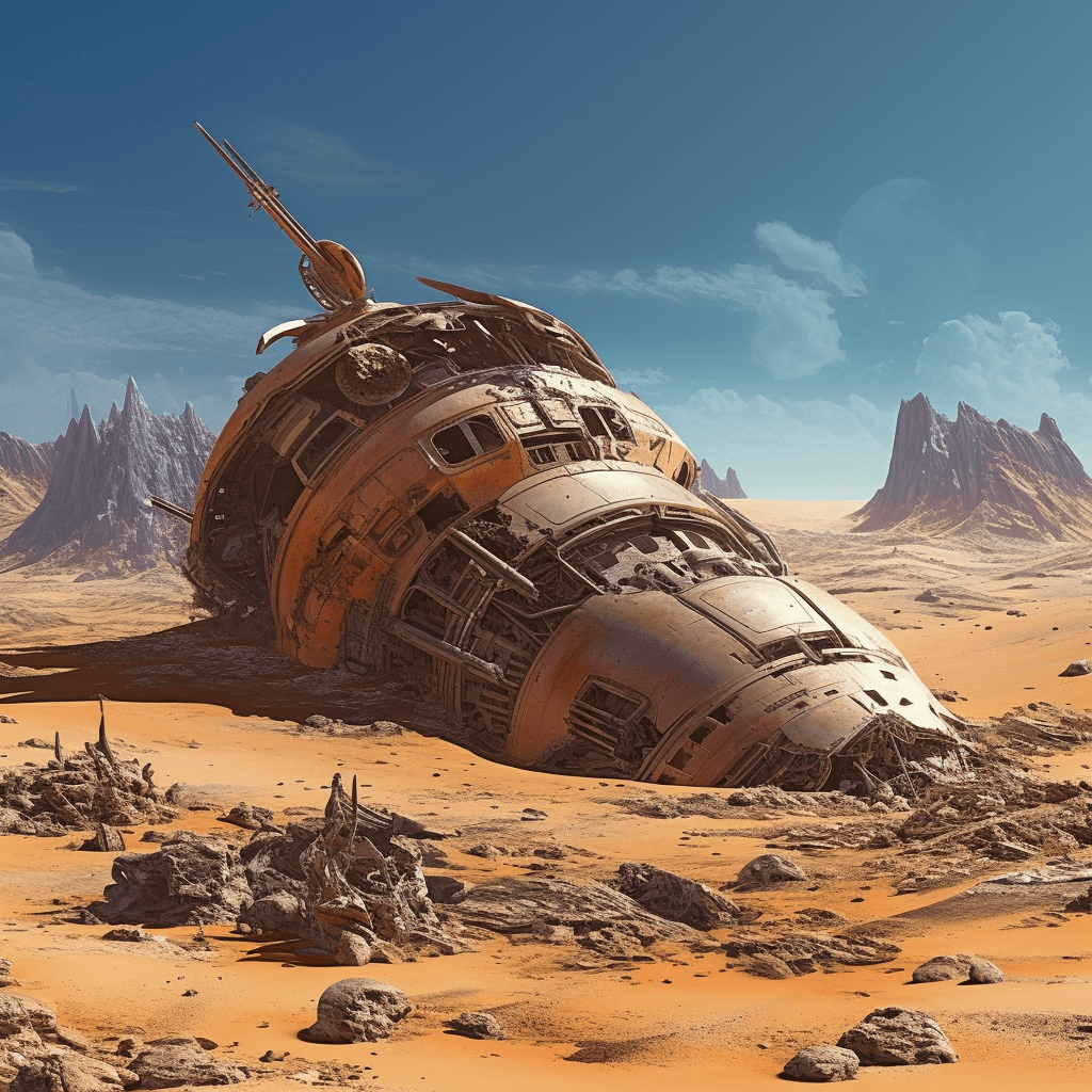 AI generated: ALIEN SPACECRAFT, WRECKAGE, CRASH, PLANET DESERT, ultra-detailed, film photography, light leaks, tre...