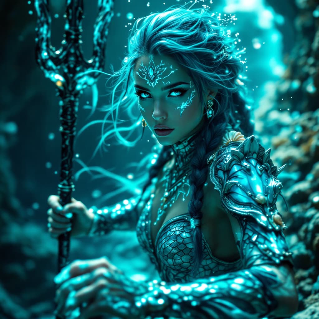 AI generated: An ultra-realistic, full-body action shot of an underwater luminescent cyan sea warrior, exuding pow...