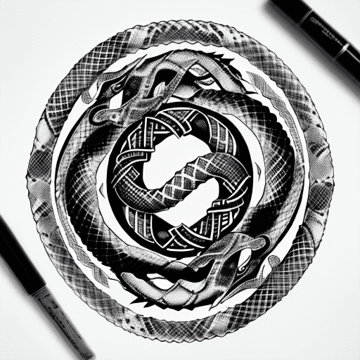 AI generated: black and white engraving of an ouroboros, uroboro, self-eating snake, circle, vintage, ink, white b...