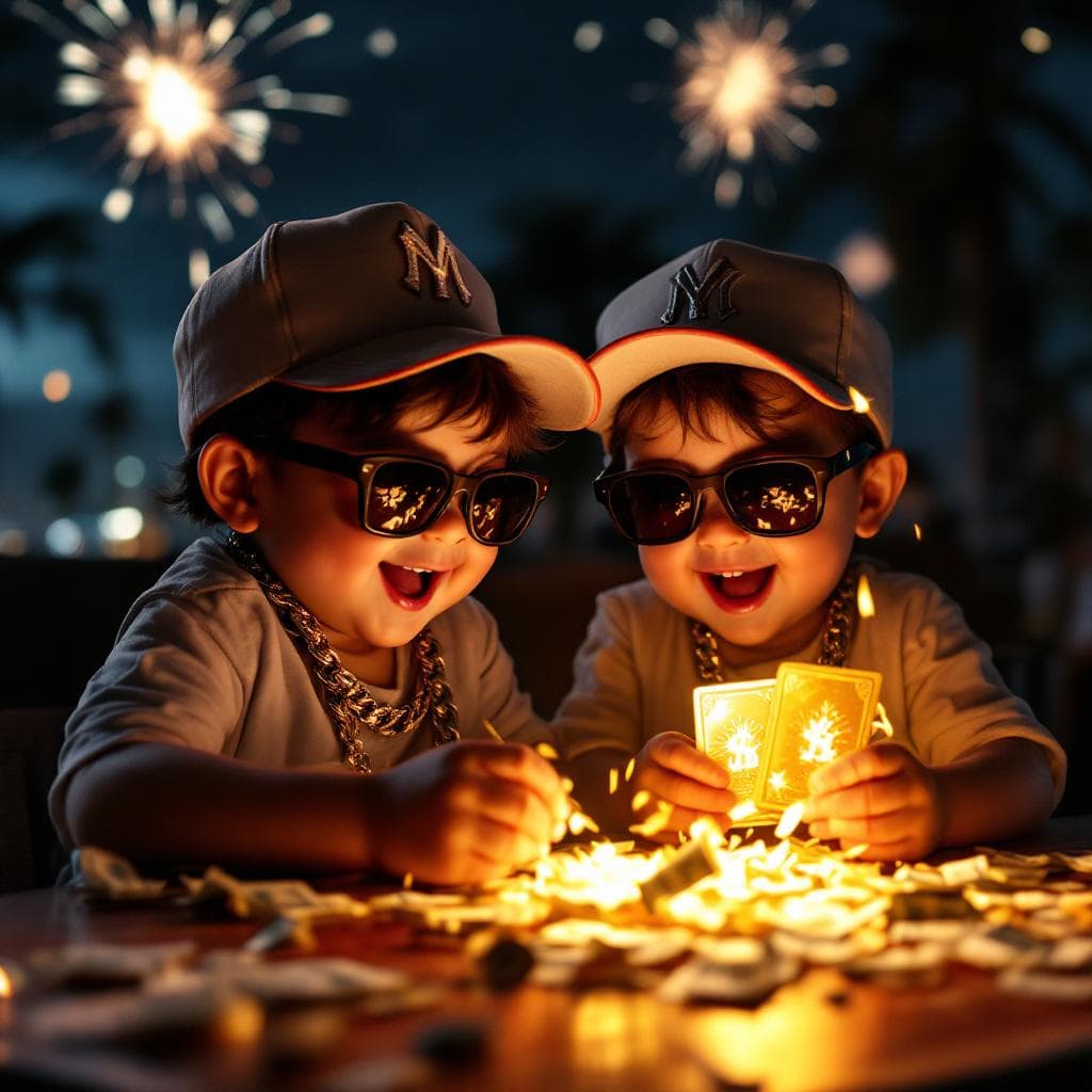 AI generated: TWO LITTLE FAT MEXICAN WHITE 4 YEAR OLD BABYBOYS WITH SUNGLASSES SITTING ON THE TABLE, FULL OF JOY, ...