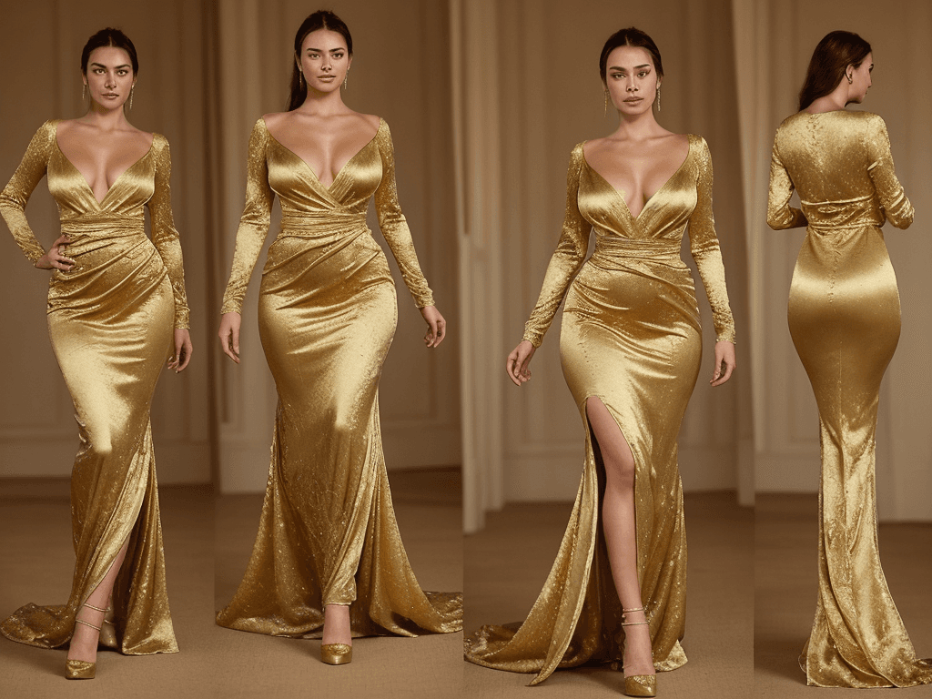 AI generated: A woman is wearing a stunning gold evening gown made of luxurious silk or satin fabric. The gown fea...