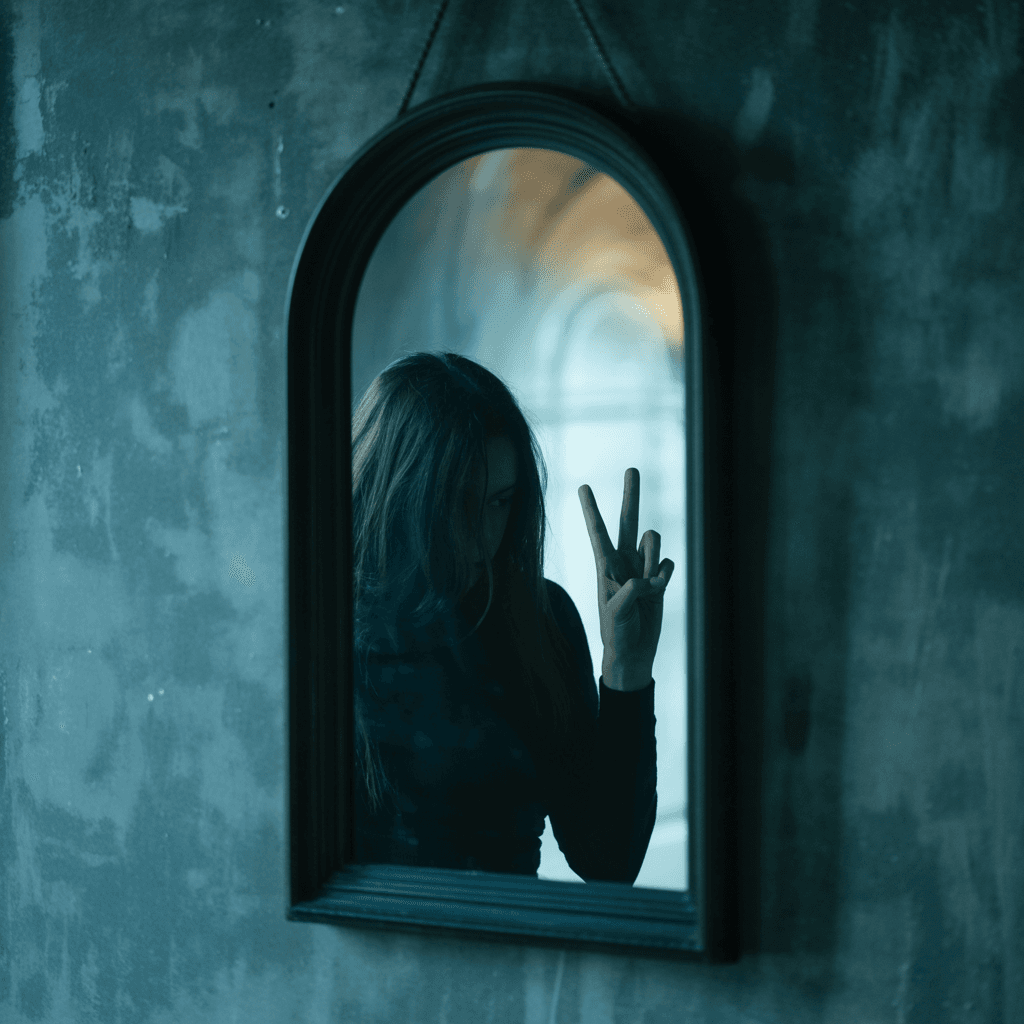 AI generated: /imagine prompt: A blurry reflection in a dark, arched mirror hanging on a dimly lit, textured wall ...