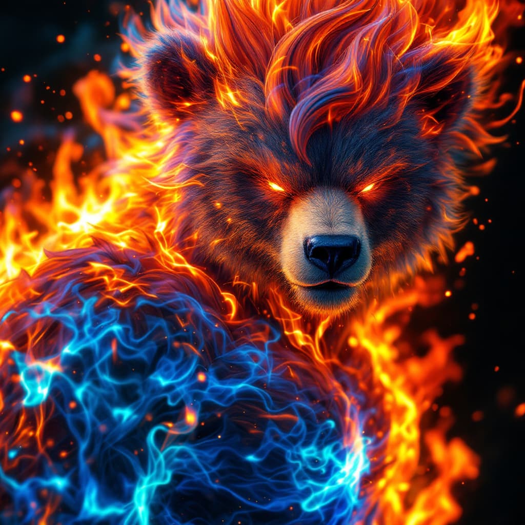 AI generated: Bear transforms into Super Saiyan in incendiary display of fire enveloping bending to his will, vibr...