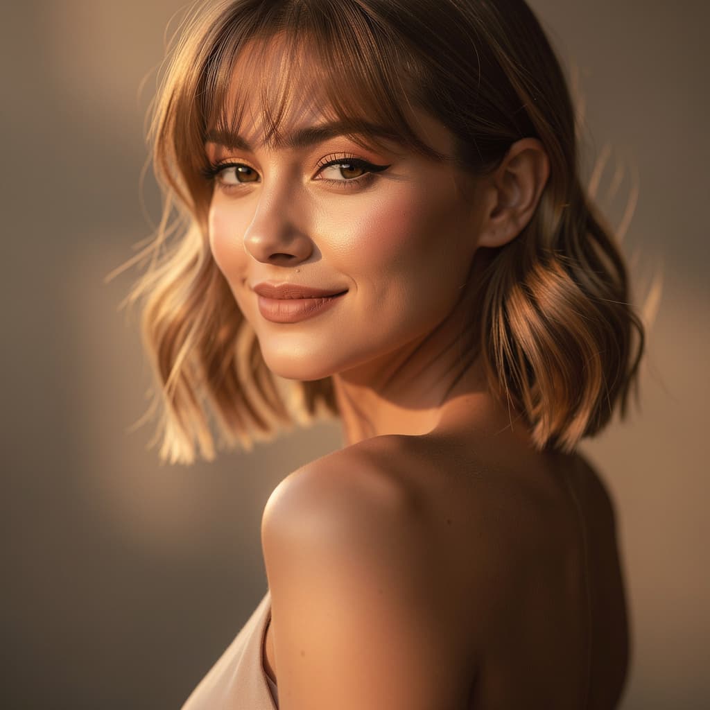 AI generated: Elegant artistic nude portrait of a woman with shoulder-length light brown hair and soft wispy bangs...