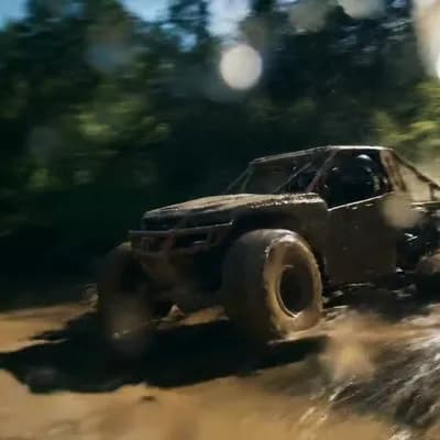 AI generated video: The scene explodes with the raw, visceral, and unpredictable energy of a hardcore off-road rally, ca...