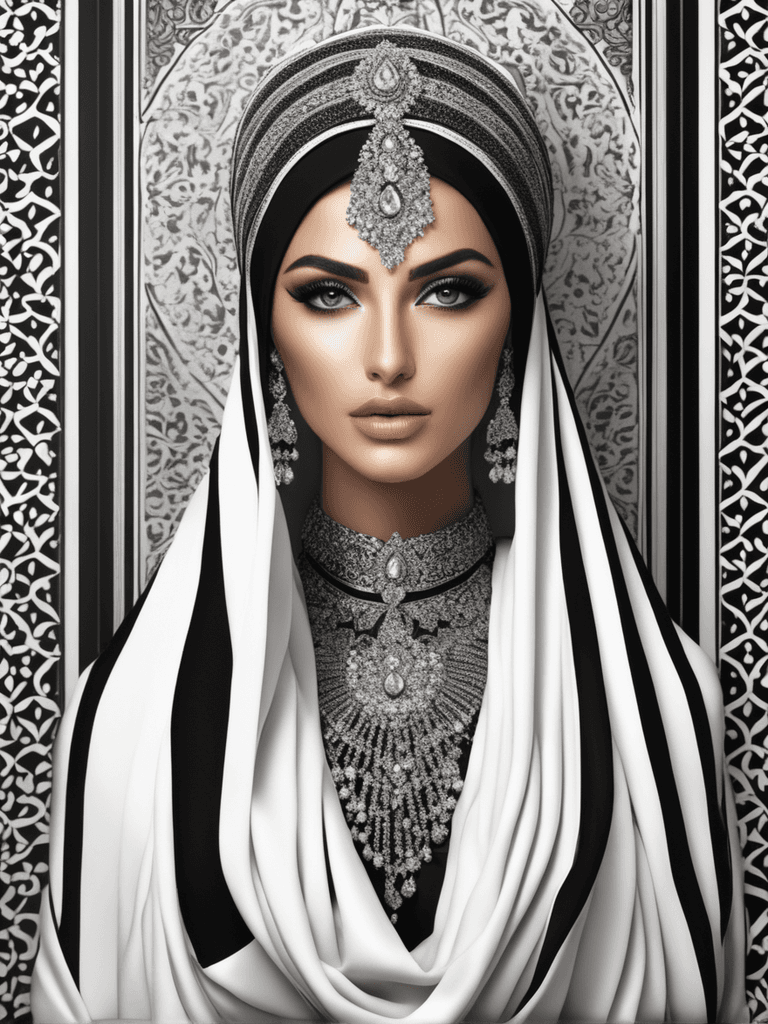 AI generated: a centered Persia fashion model, white, black, intricate background, award-winning photo, hyper-real...