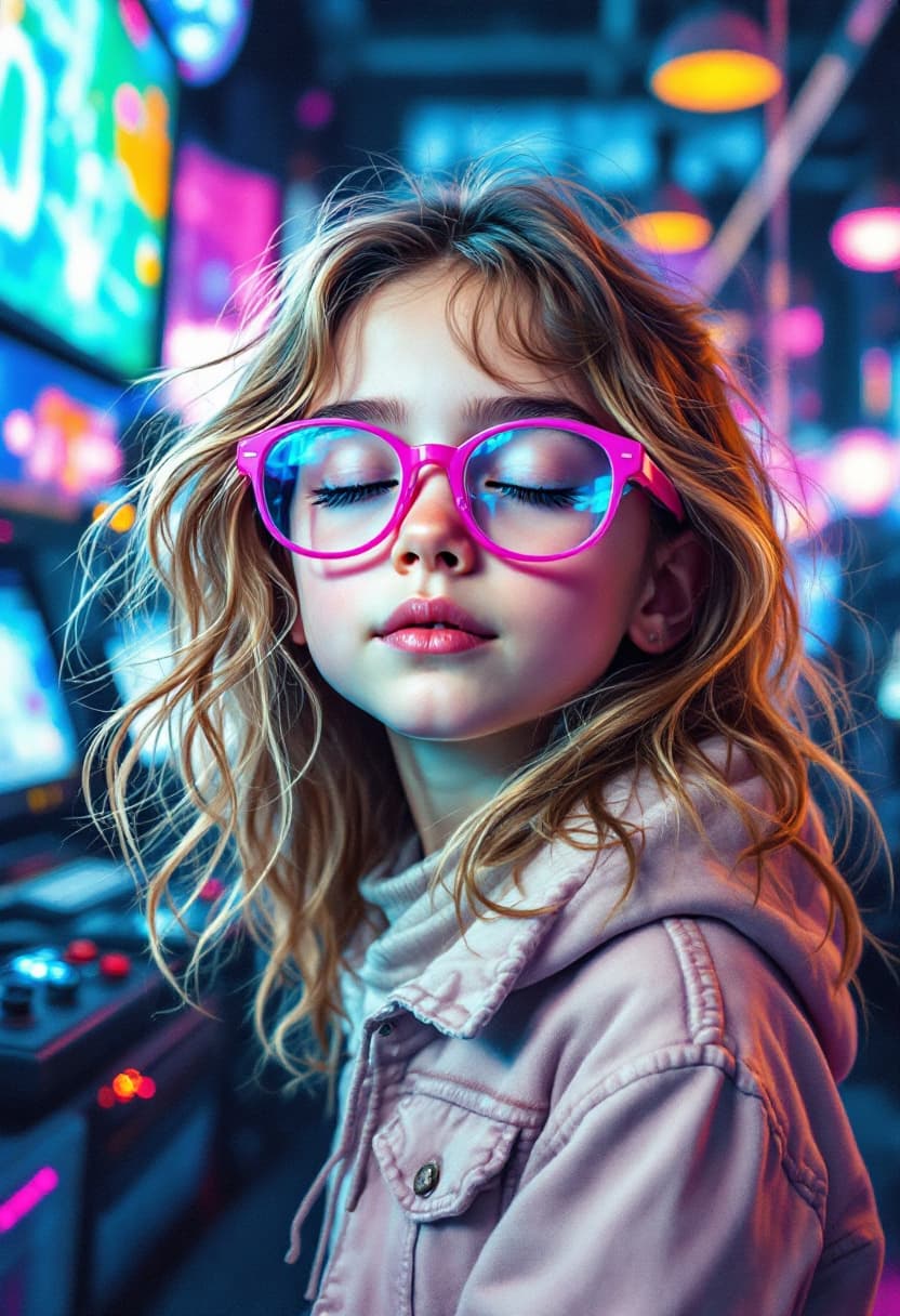 AI generated: a drawing of a beautiful young 5 years old girl, with brown, blonde and slightly curly hair, with he...