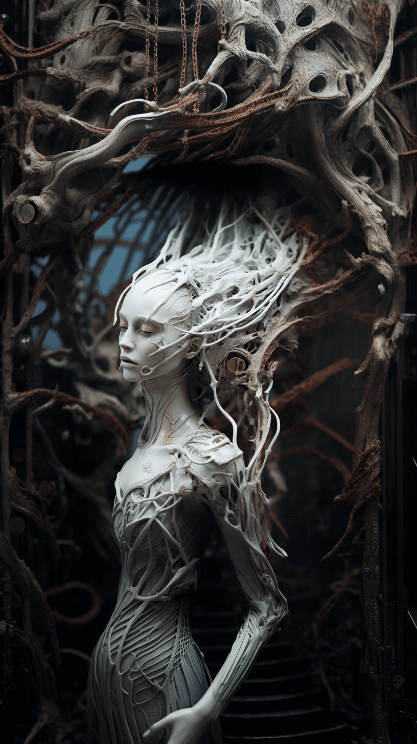 AI generated: A string structure, made of silver, enclosing a silicone translucent humanoide creature::195 large s...