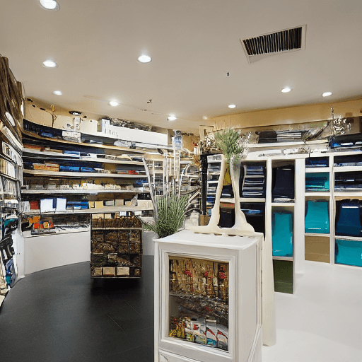 AI generated: high resolution photography interior design. Large print and ship shop, The focal point of the store...