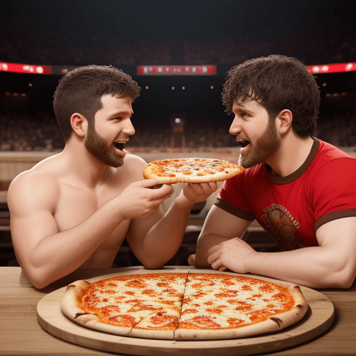 AI generated: we are having fun watching an exciting ("tater tots":0.80) battle over a pizza in the gladiator aren...