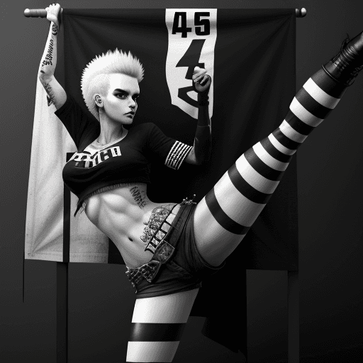AI generated: Photo of an ultra realistic punk woman who gives a leg up to another and hold a a flag with the numb...