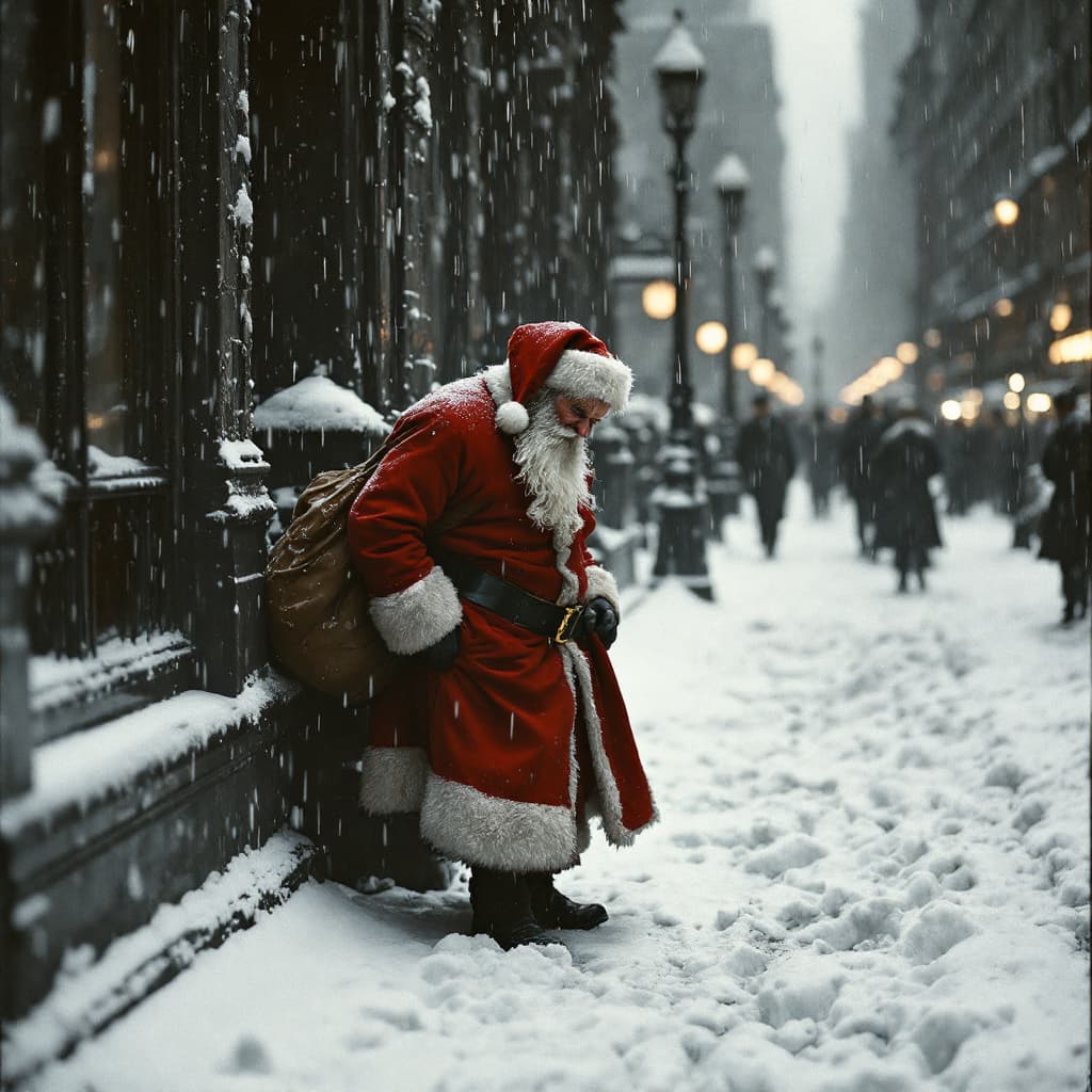 AI generated: poor old santa claus hide on city in new york 1929, it´s raining