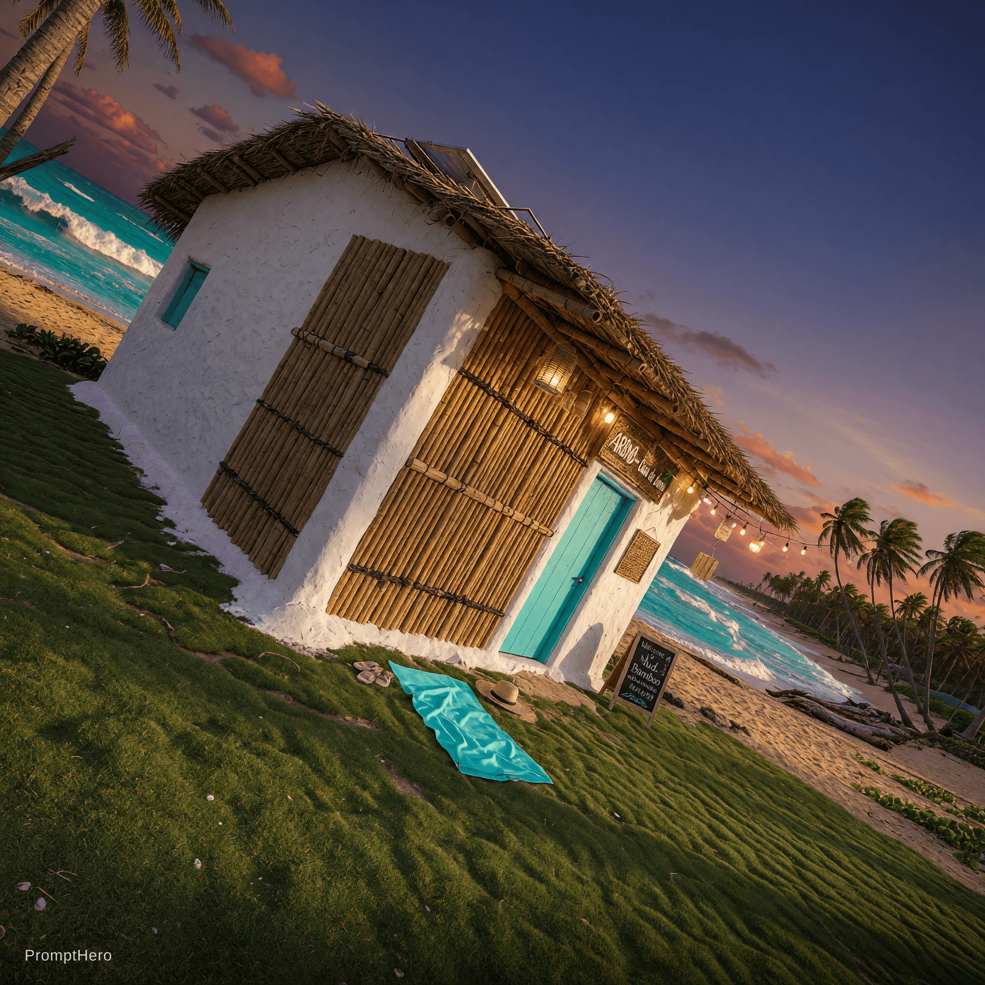 AI generated: white mudhouse for Arbnb with bamboo wall, trimmed grass surrounding, beach location , hyperrealisti...