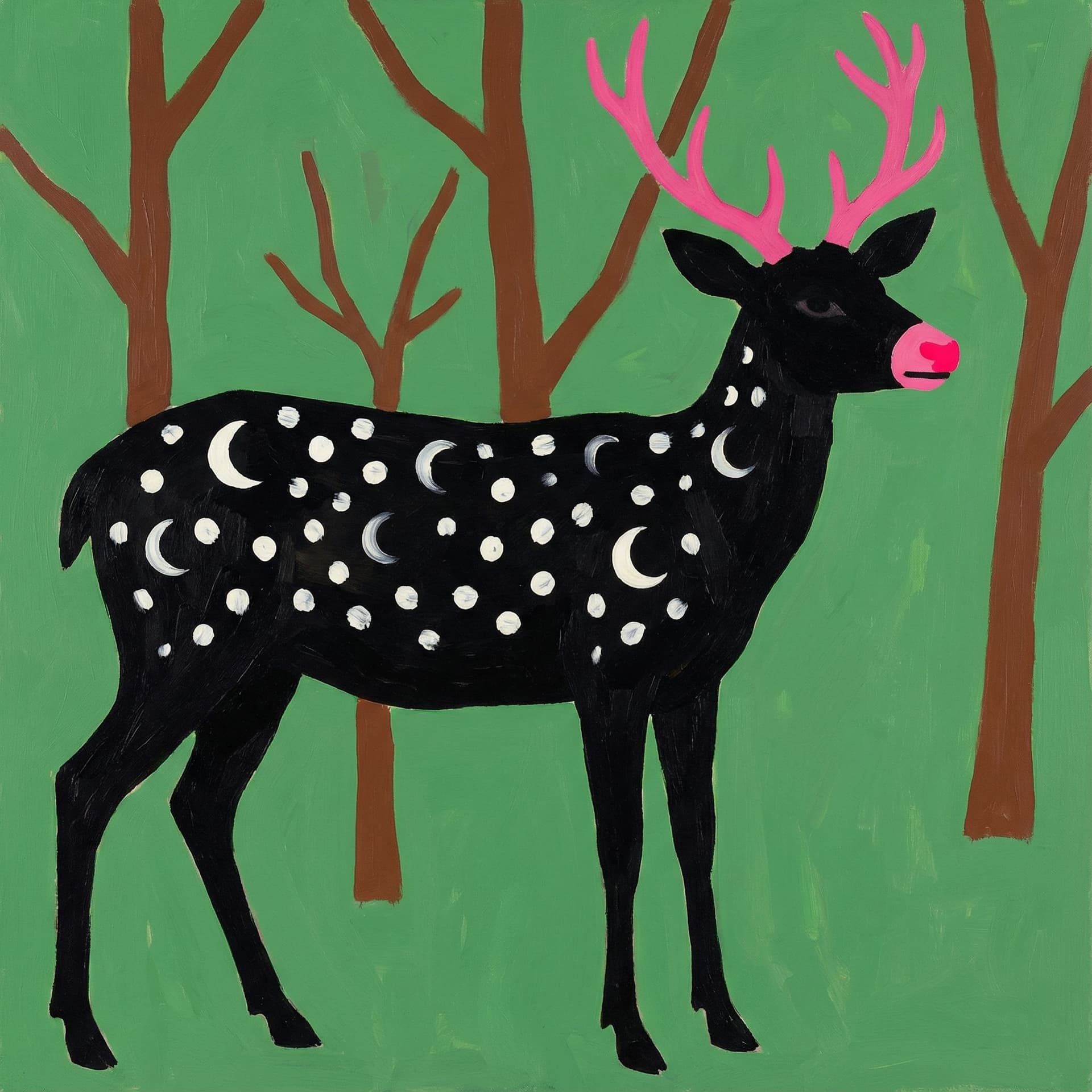 AI generated: a  simple painting of a black deer with a pink nose and antlers, with white dots on its body like th...