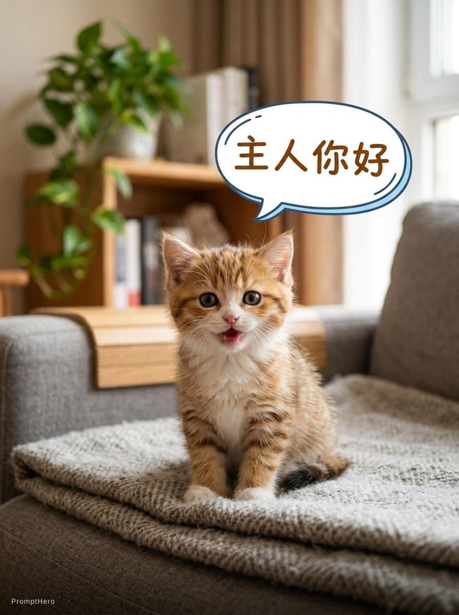 AI generated: 一只小猫说“主人你好”