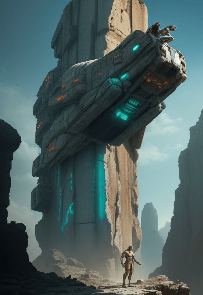 AI generated: An ancient rome man and his broken spaceship, stranded on an huge ancient rock, cyberpunk style, bri...