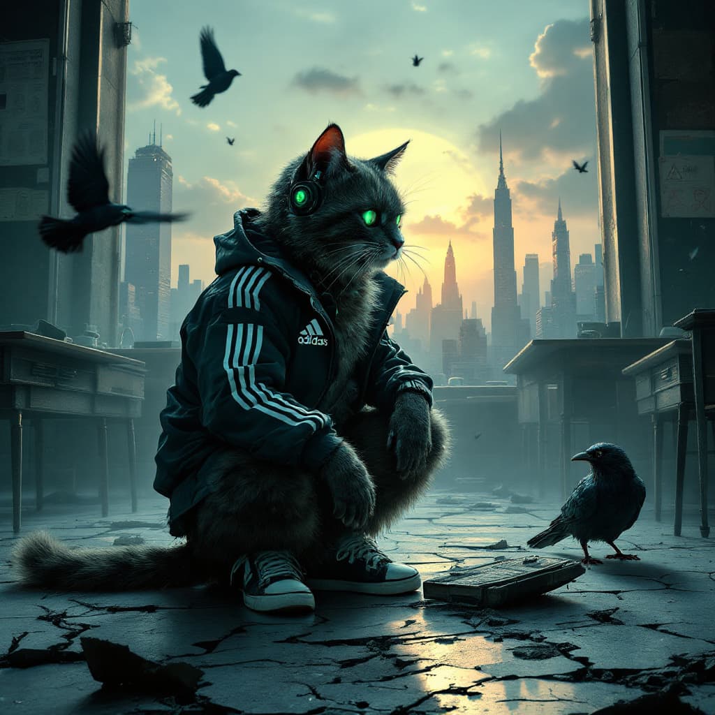 AI generated: Supper realism, Anthropomorphic cute Cybernetic cat wearing Adidas jacket and sneakers, crow around,...