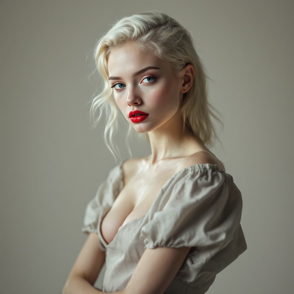 AI generated: un premier plan d'une fille albinos aux lèvres rouges regardant vers la caméra pose pour un casting ...
