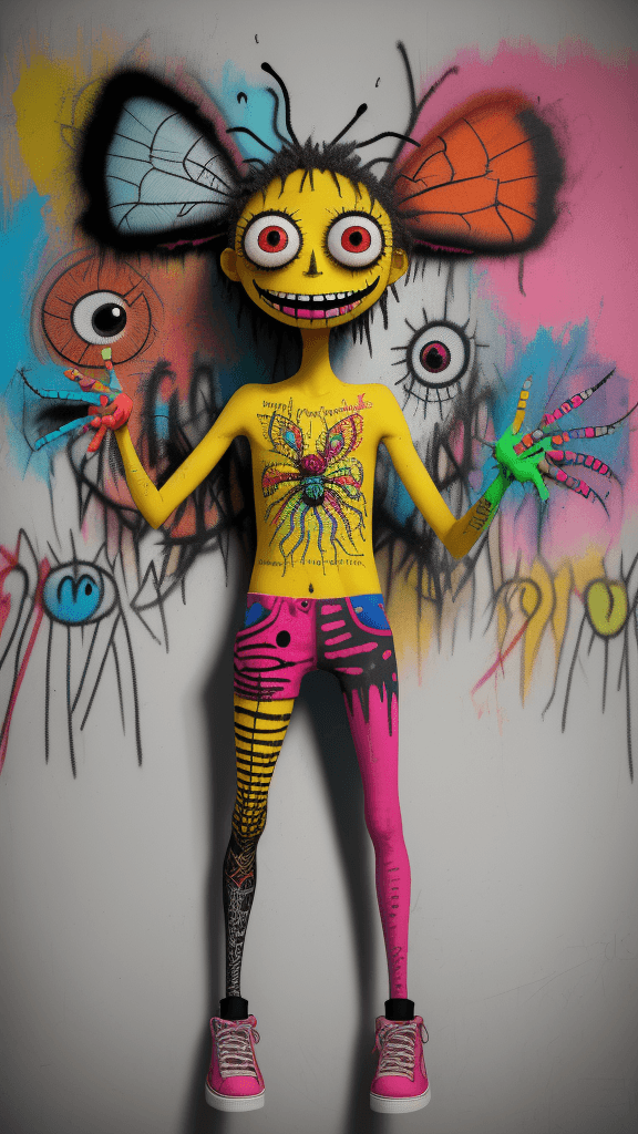AI generated: graffitied on the wall invision my imaginary friend a Absurd Embroidery bird head spider legs red or...