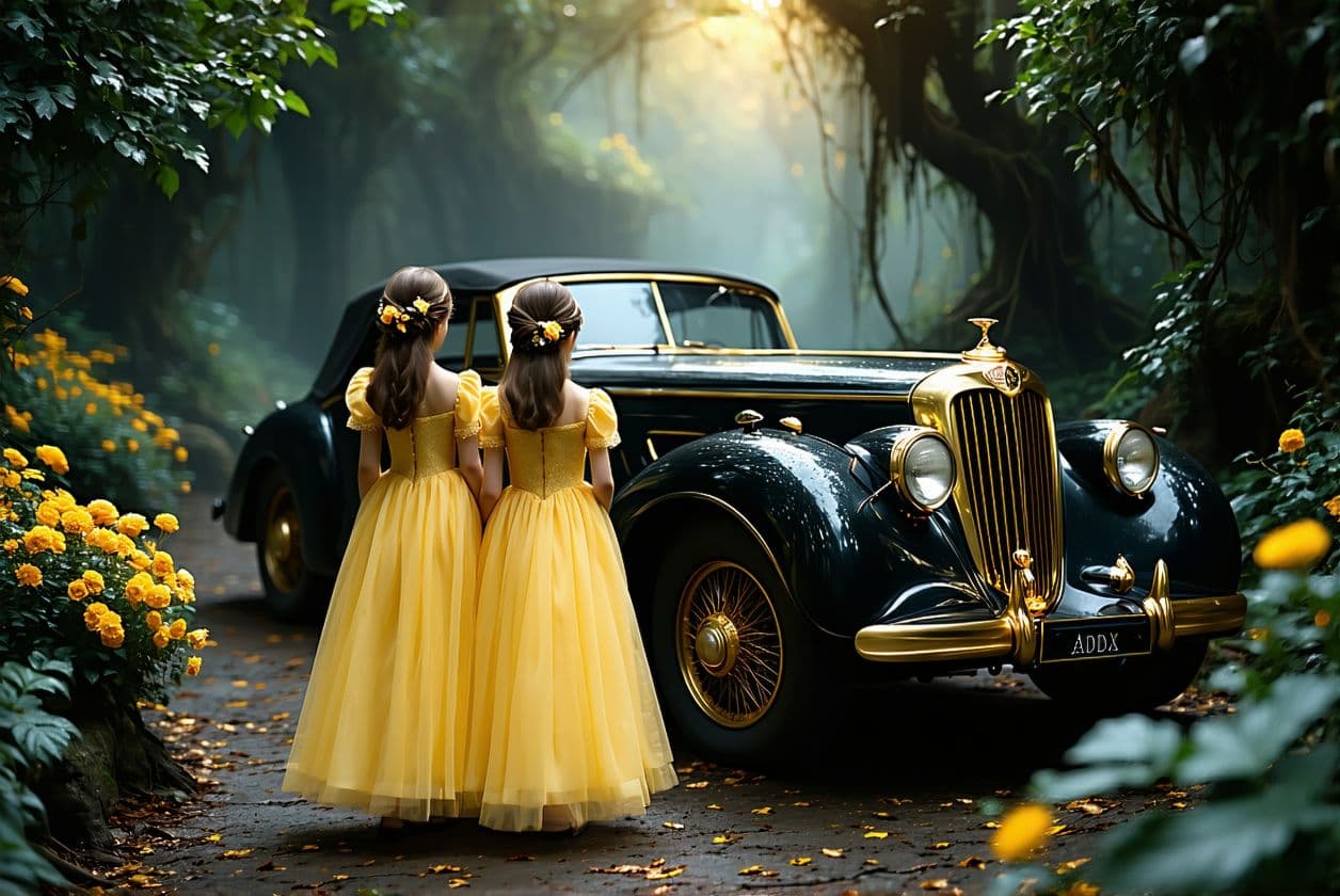 AI generated: Two girls in embroidered yellow dresses stand next to an antique black car with intricate golden det...