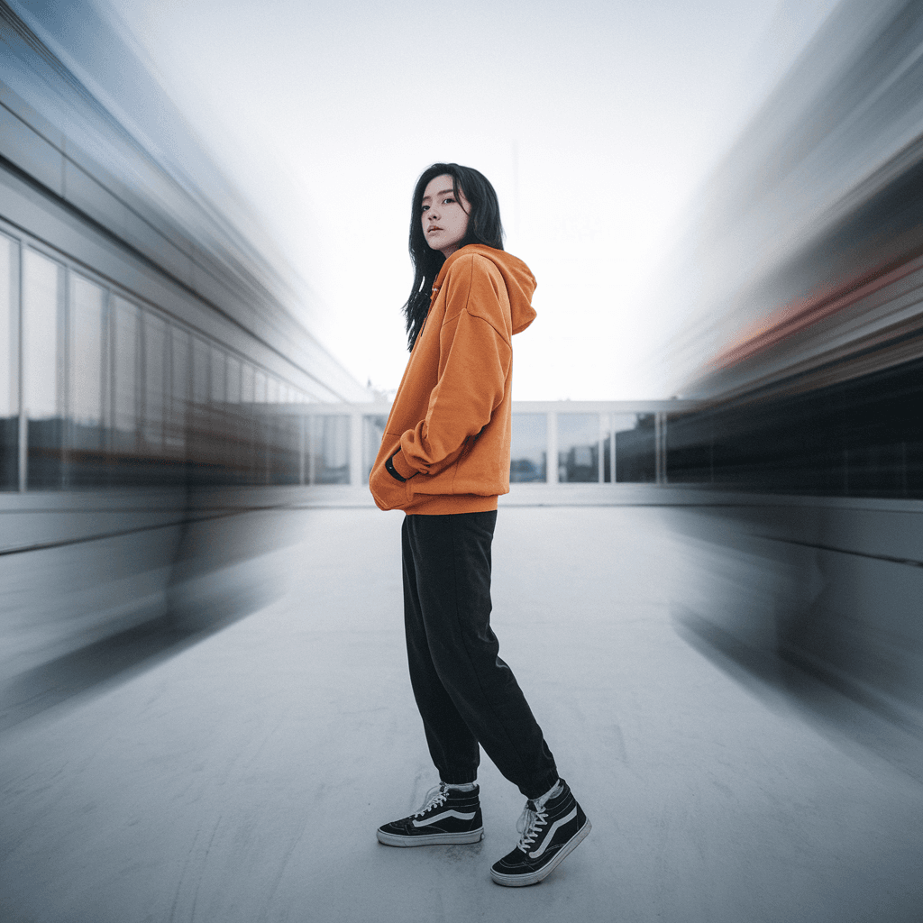 AI generated: photography, snap shot, korean female model, side standing, full-body, surrounded by a blurred motio...