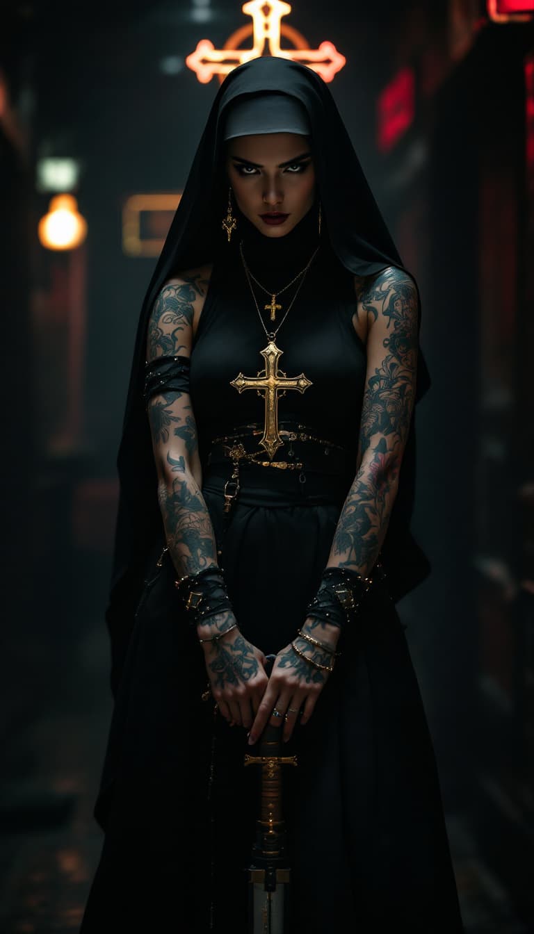 AI generated: Full body view of a young beautiful tattooed nun with a modern twist. She wears traditional nun atti...