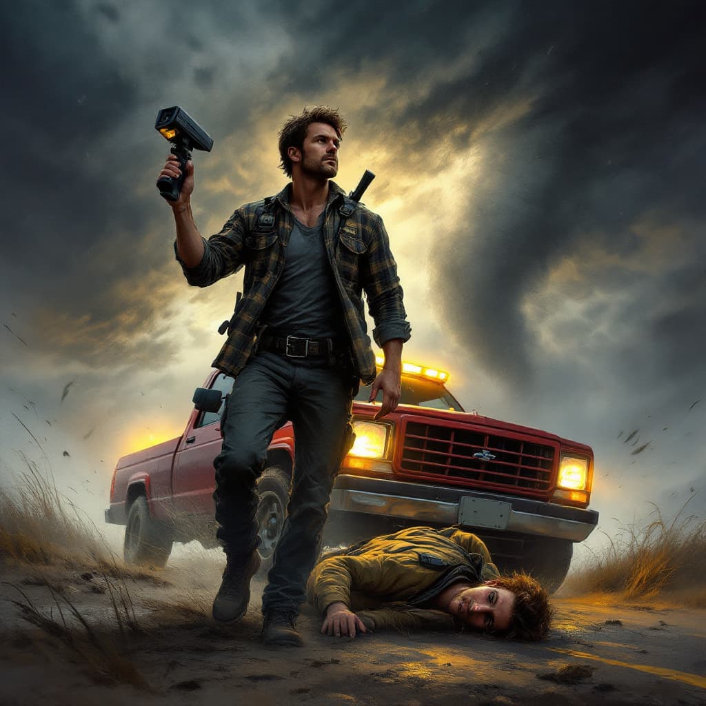 AI generated: A storm interceptor in flannel shirt long sleeve  with short hair holding an weather radar, wind blo...