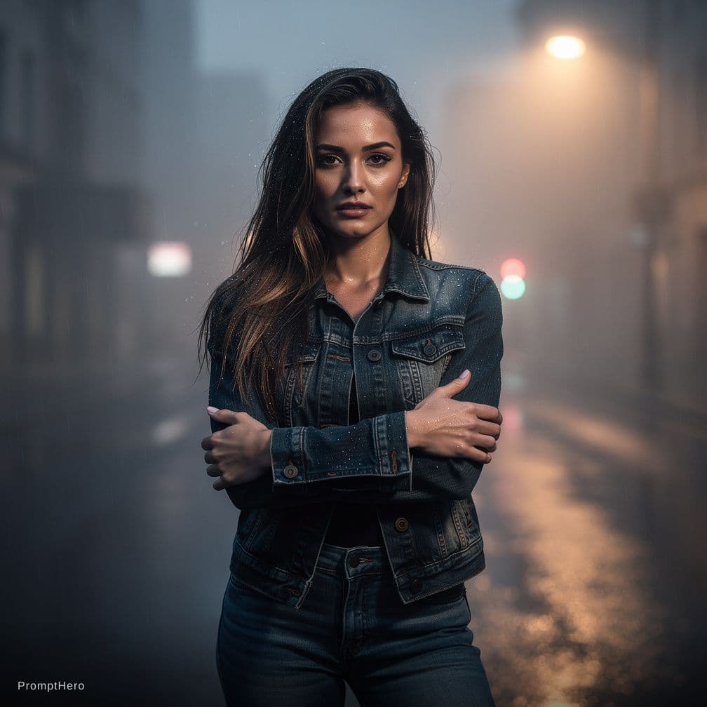 AI generated: A photorealistic outdoor portrait of a woman with long, dark brown hair featuring subtle lighter hig...