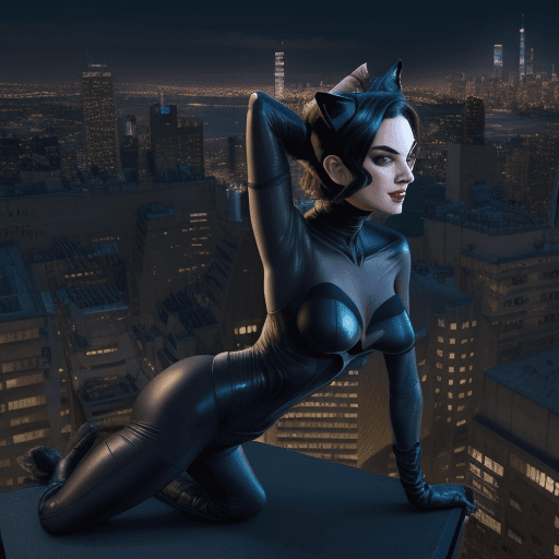 AI generated: Catwoman: Acrobatic rogue on a rooftop, with the city of Gotham in the background.