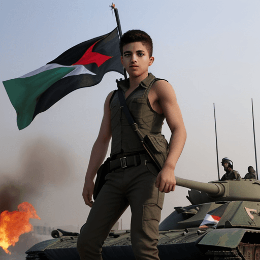 AI generated: A young resistance man carrying the Palestinian flag.  On top of a burning military tank, HD, sturdy...
