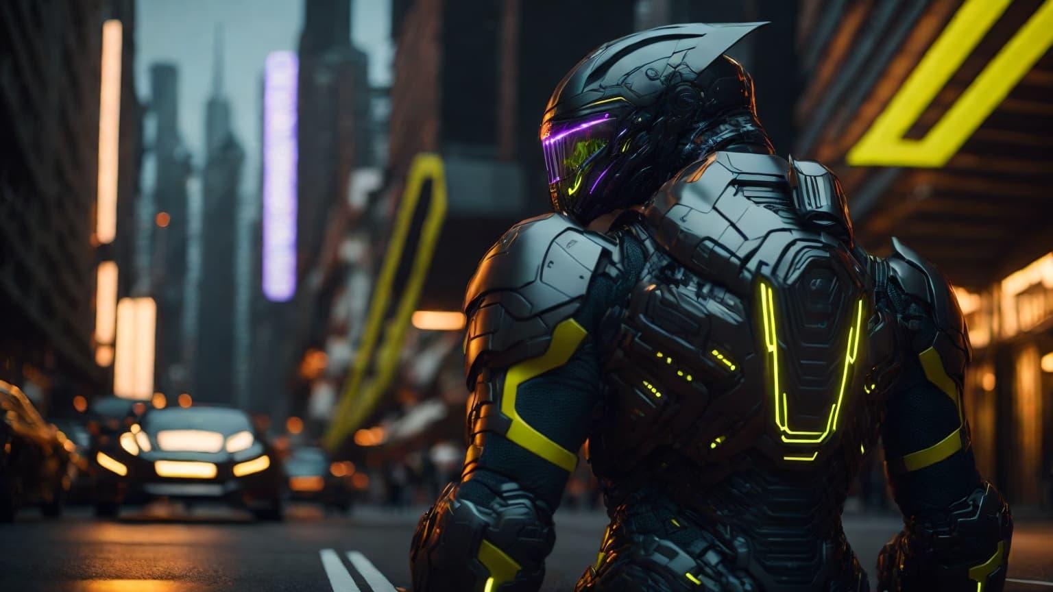 AI generated: mndl, Sleek android in a black cybernetic and futuristic exo-suit with a motorcycle in a crowded cyb...