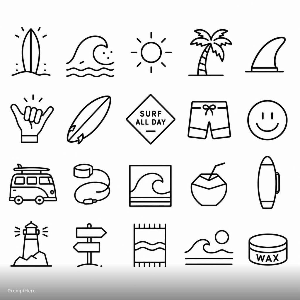 AI generated: black outline minimalist yet playful surf-themed icon pack for in a neo-brutalist website design