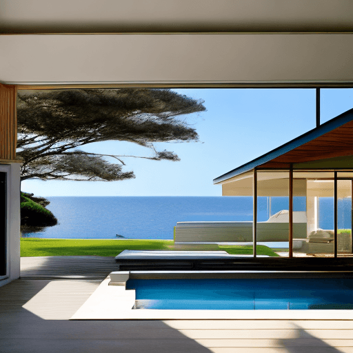 AI generated: Hyper realistic eye level exterior photo of a mid century modern style house overlooking the ocean, ...