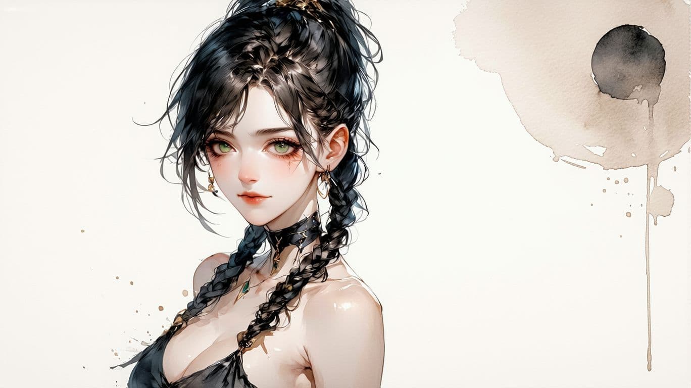 AI generated:  water colur illustration ((anime) ), anime full body Symbolist ink wash painting of a 24-year-old Y...
